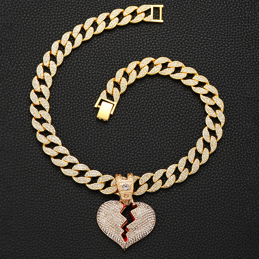 Wholesale Full Diamond Broken Heart Pendant Hip Hop Alloy Necklace